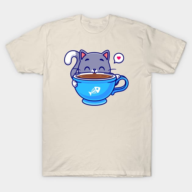 Cute Cat Drink Coffee Cartoon T-Shirt by Catalyst Labs